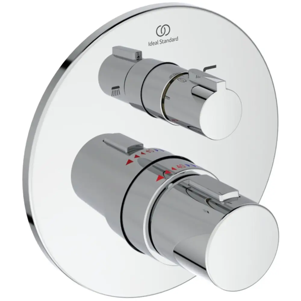 Thermostat zur Badewannenmontage von Ideal Standard, bestehend aus zwei Reglern für Wassermenge und Temperatur, mit runder Chrom-Frontplatte.